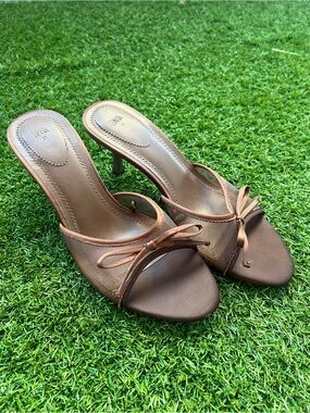 Zara Tan Brown Slip-On Mules with Bow Accent